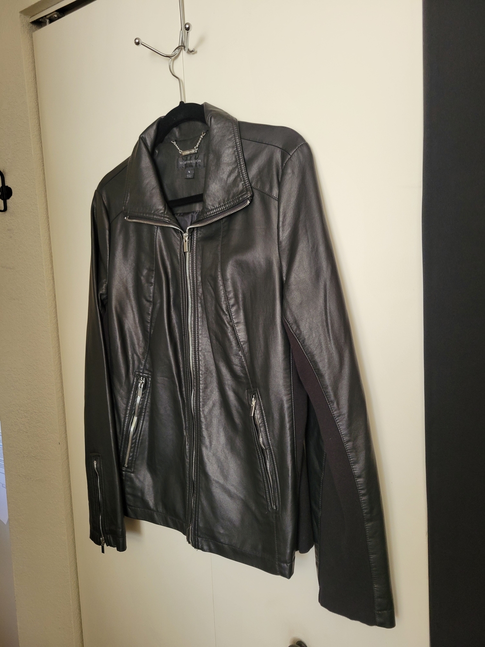 Worthington Black Leather Zip-Front Bomber Jacket